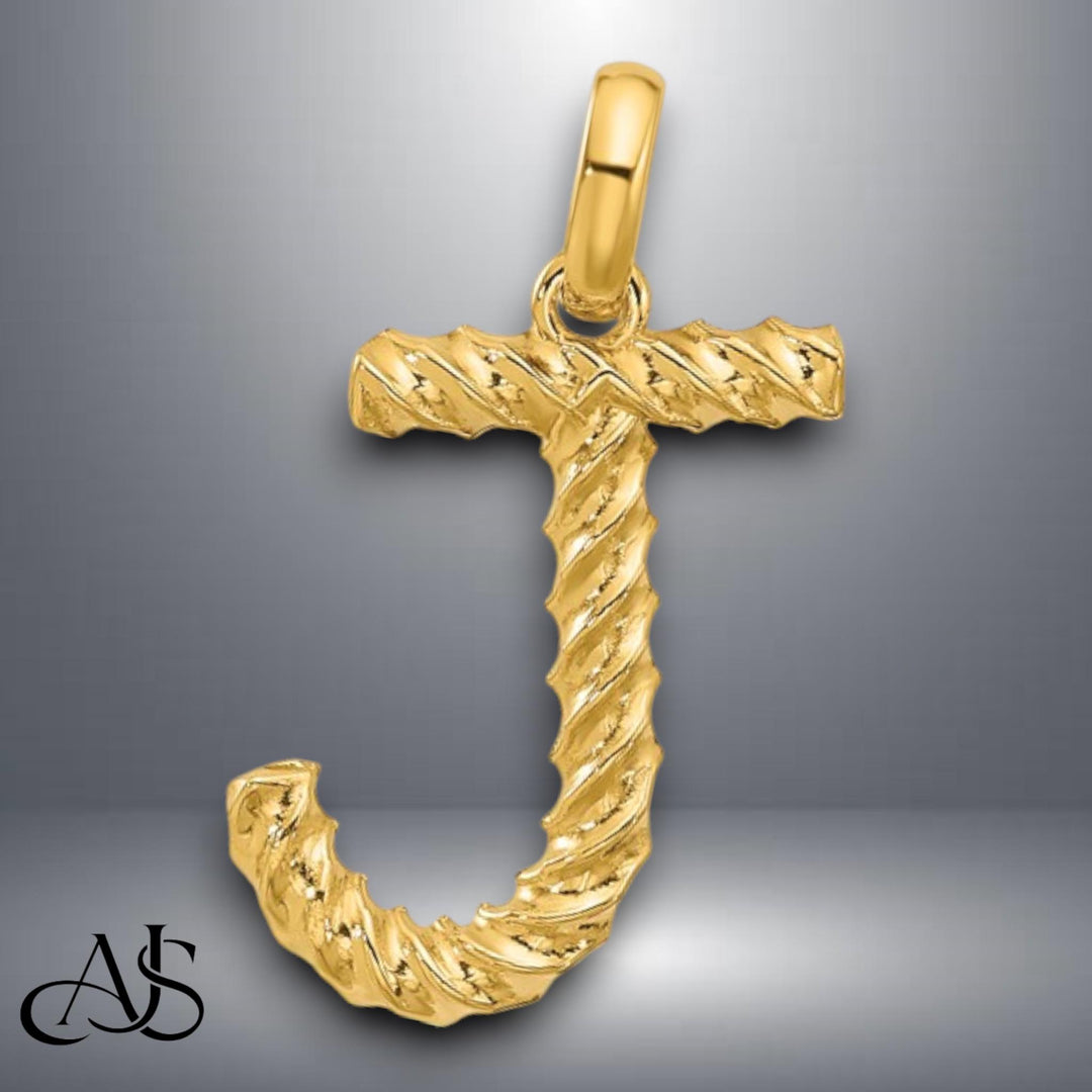 Solid 14K Gold Twist Design Block Letter Pendant Charm - All Letters A-Z