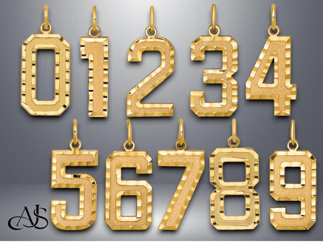 Diamond-Cut Gold Number Pendant: 10K, 14K, or Sterling Silver