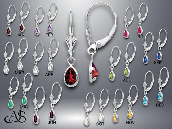 14K Gold Birthstone Earrings: Pear Shape Dangle Leverback
