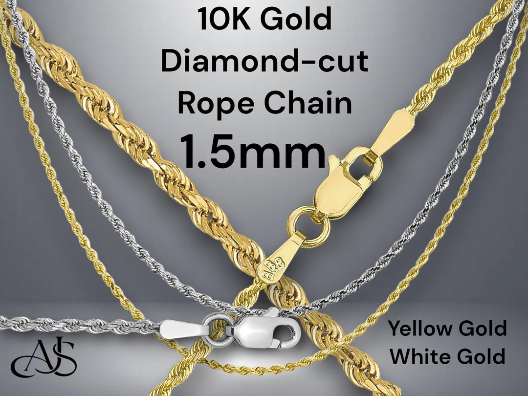 10K Gold Diamond-Cut Rope Chain, 1.5mm, Lobster Clasp
