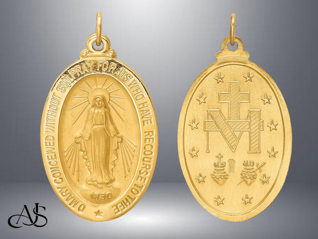 Solid 14K Gold Large Oval Miraculous Medal Pendant 1" size