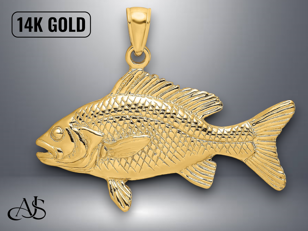 14K Yellow Gold 3-D Textured Red Snapper Fish Charm with Necklace Chain Options