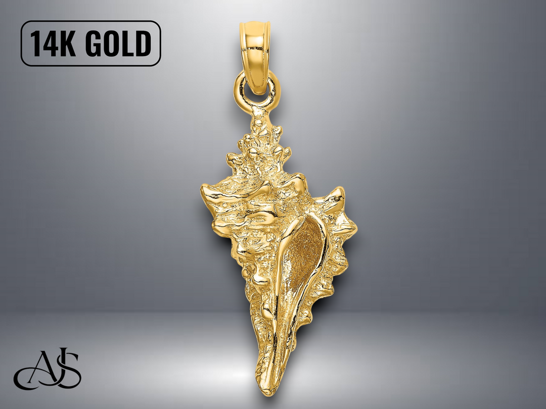 14K Yellow Gold 3-D Conch Shell Charm Necklace Chain Options