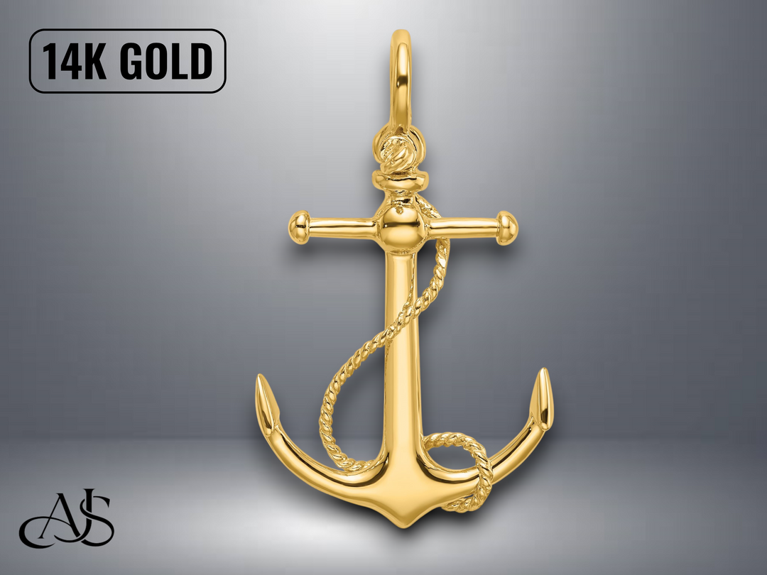 14K Yellow Gold 3-D Anchor Long T Bar and Shackle Bail Charm with Necklace Chain Options