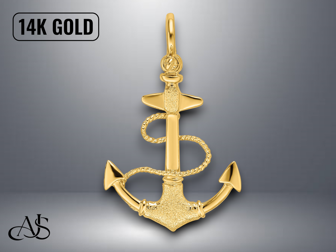 14K Yellow Gold 3-D Textured Anchor Rope and Shackle Bail Charm with Necklace Chain Options