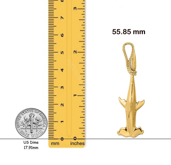 14K Yellow Gold 3-D Hammerhead Shark with Rope Bail Charm with Necklace Chain Options