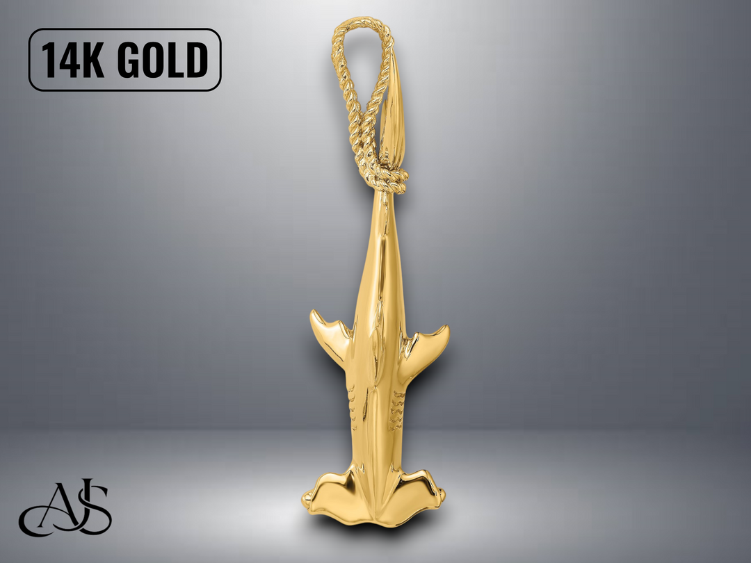14K Yellow Gold 3-D Hammerhead Shark with Rope Bail Charm with Necklace Chain Options