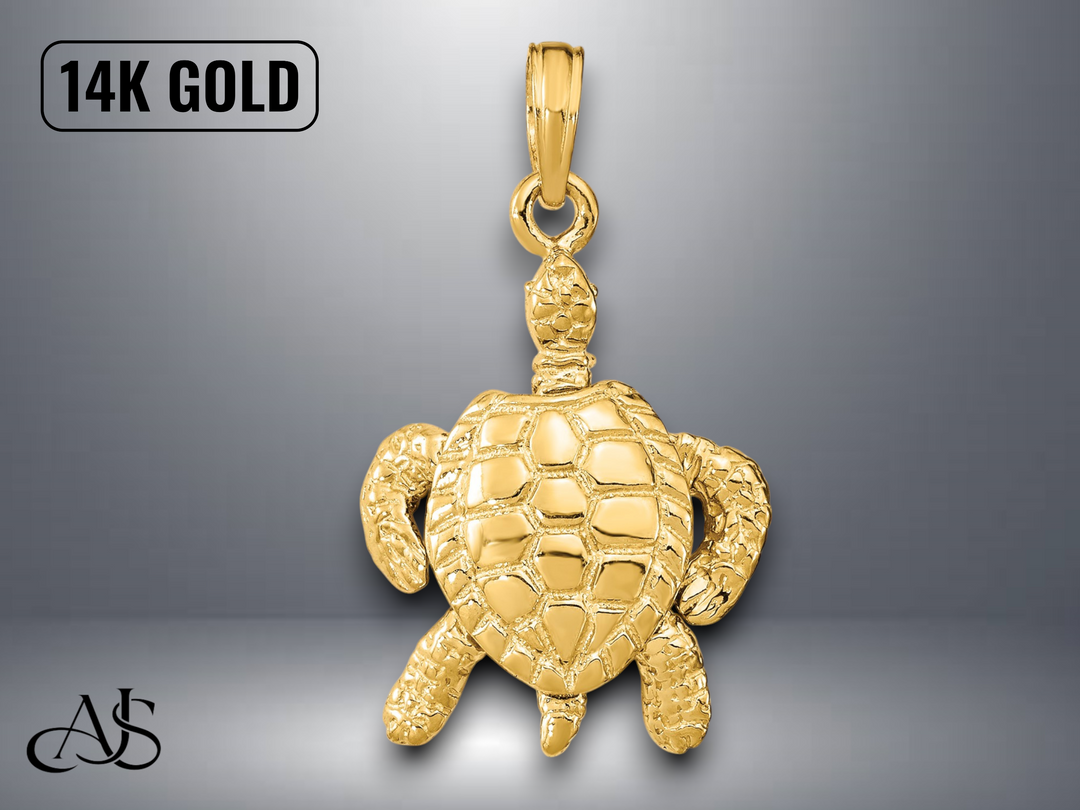 14K Yellow Gold 3-D Sea Turtle with Moveable Head and Legs Charm with Necklace Chain Options