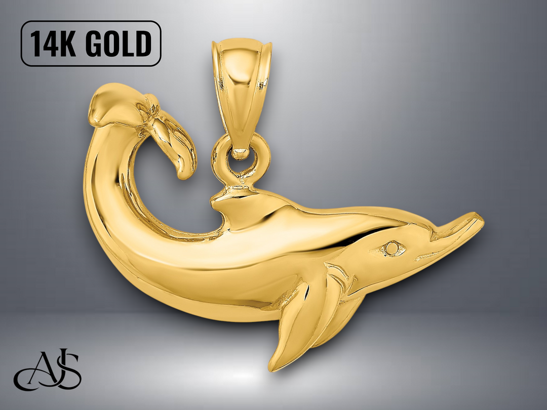 14K Yellow Gold Polished Dolphin Charm with Necklace Chain Options