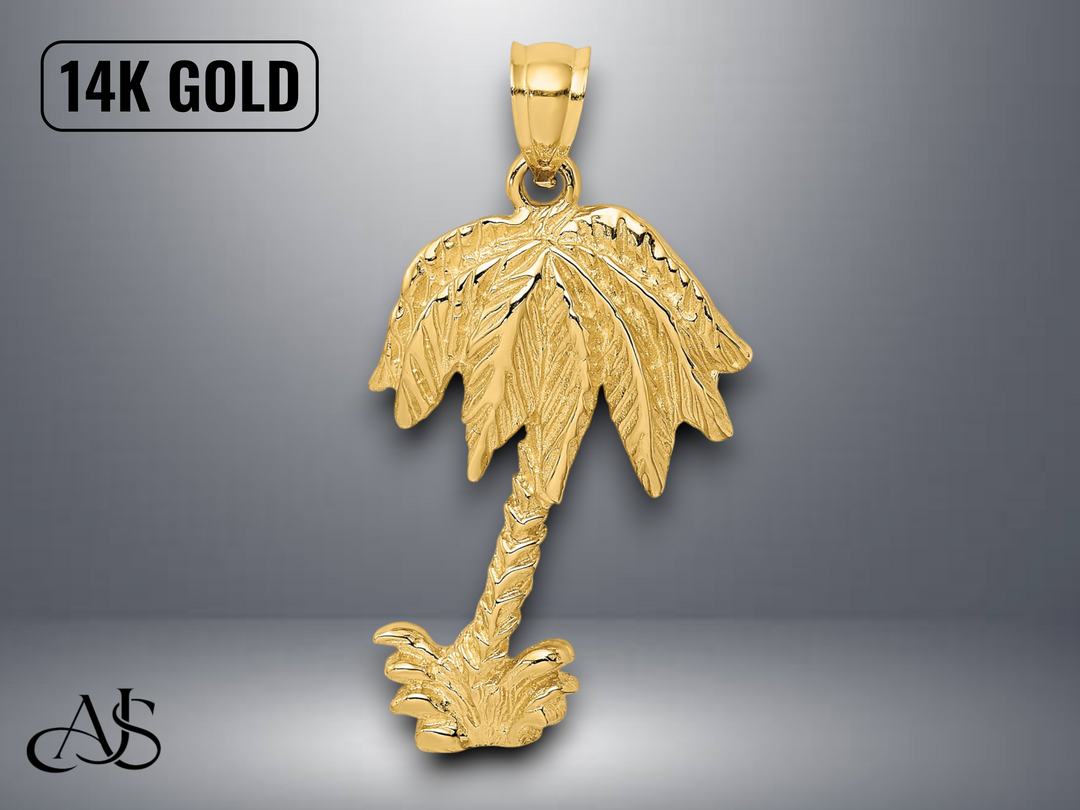 14K Yellow Gold 2-D Textured Single Palm Tree Charm with Necklace Chain Options