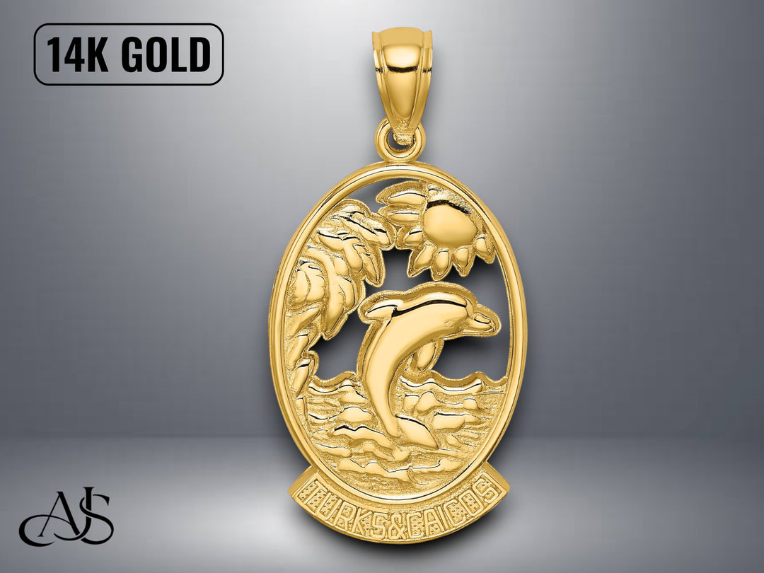 14K Yellow Gold TURKS AND CAICOS Dolphin Sunset Scene Charm with Necklace Chain Options