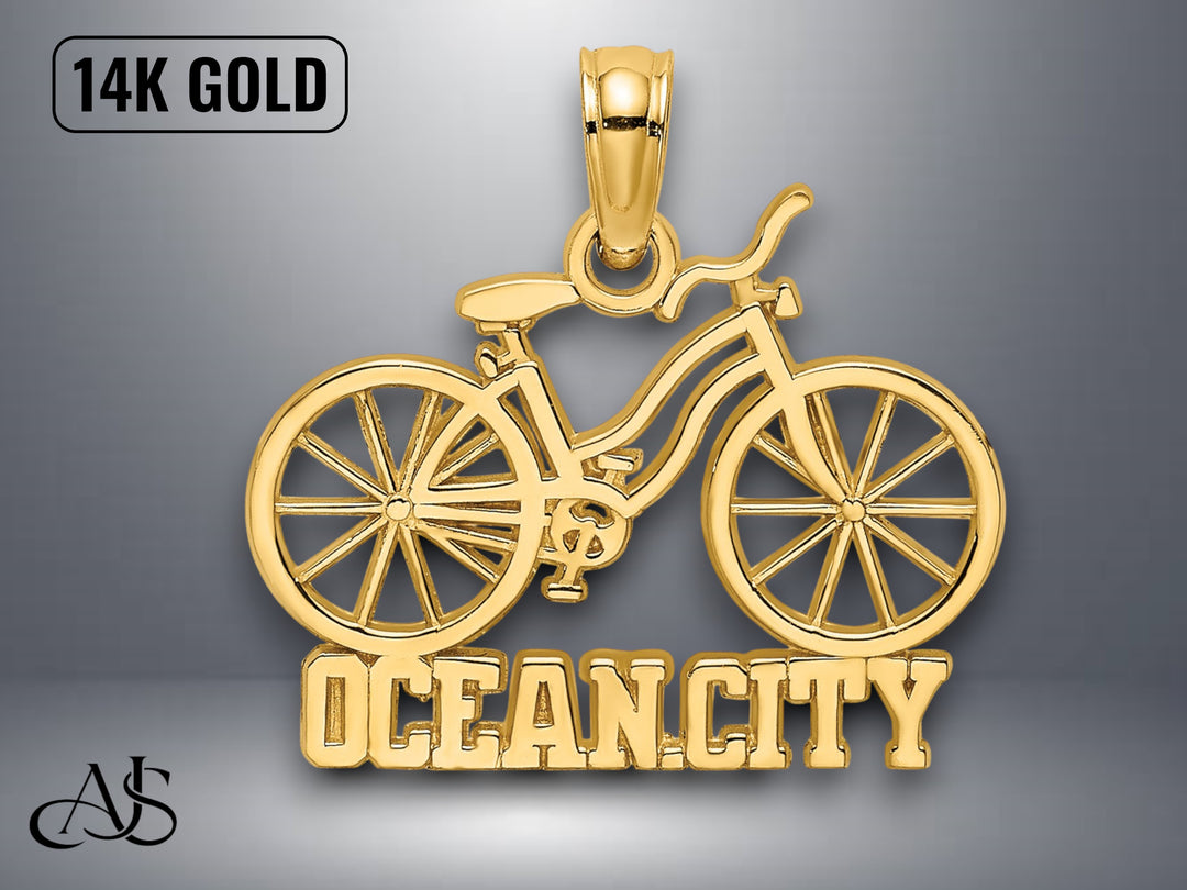 14K Yellow Gold OCEAN CITY Bicycle Charm with Necklace Chain Options