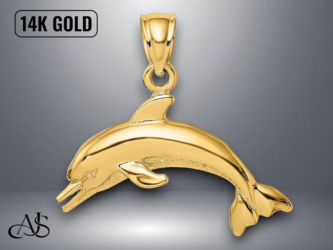 14K Yellow Gold Textured Polished Dolphin Jumping Charm with Necklace Chain Options