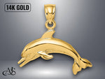 Load image into Gallery viewer, 14K Yellow Gold Textured Polished Dolphin Jumping Charm with Necklace Chain Options
