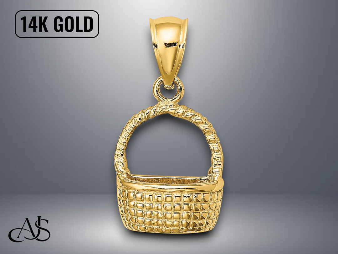 14K Yellow Gold 2-D Flat Back Basket Charm with Necklace Chain Options
