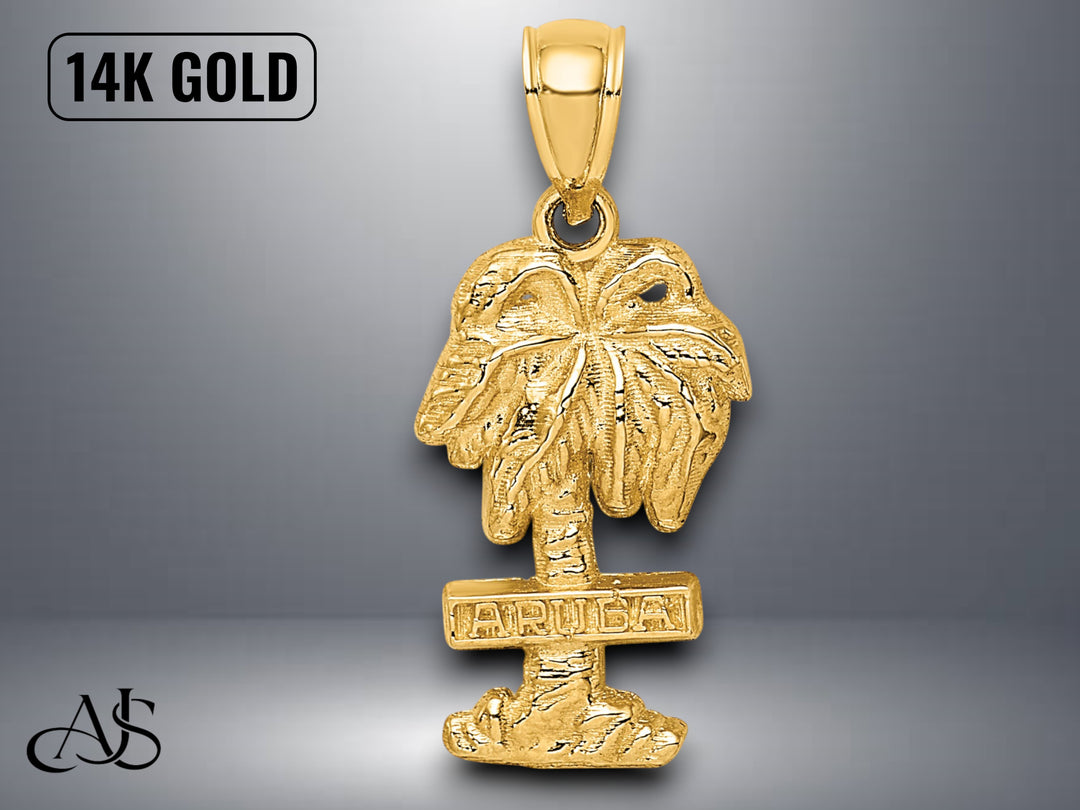14K Yellow Gold ARUBA On Palm Tree Pendant with Necklace Chain Options