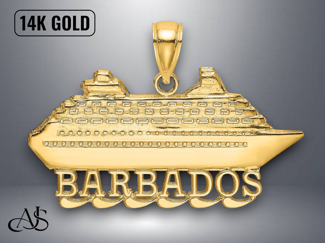 14K Yellow Gold Polished BARBADOS Cruise Ship Charm with Necklace Chain Options