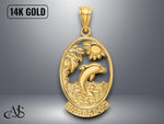 Load image into Gallery viewer, 14K Yellow Gold BARBADOS Dolphin Sunset Scene Charm with Necklace Chain Options
