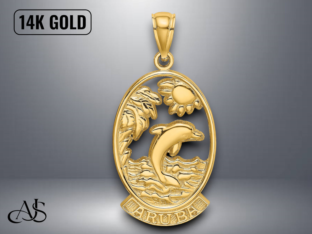 14K Yellow Gold ARUBA Dolphin Sunset In Frame Charm with Necklace Chain Options