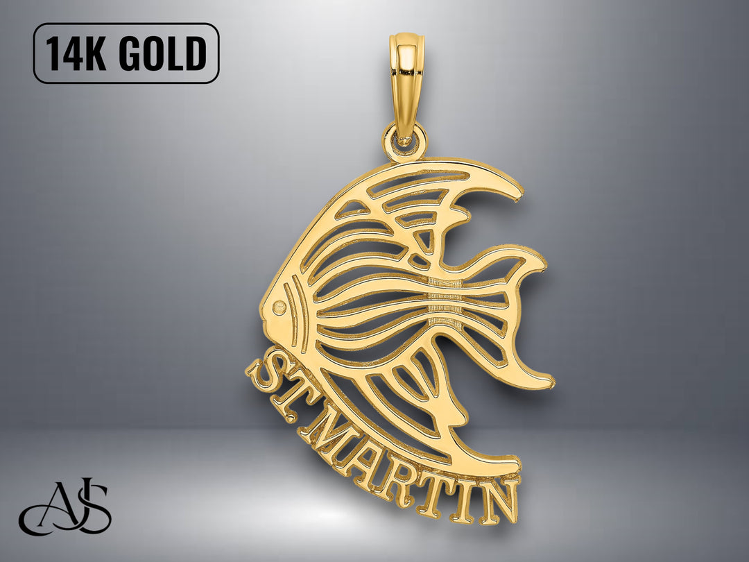 14K Yellow Gold Polished ST. MARTIN Under Angelfish Charm with Necklace Chain Options