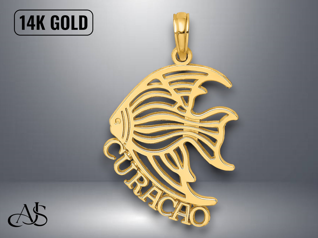 14K Yellow Gold Polished CURACAO Under Angelfish Charm with Necklace Chain Options