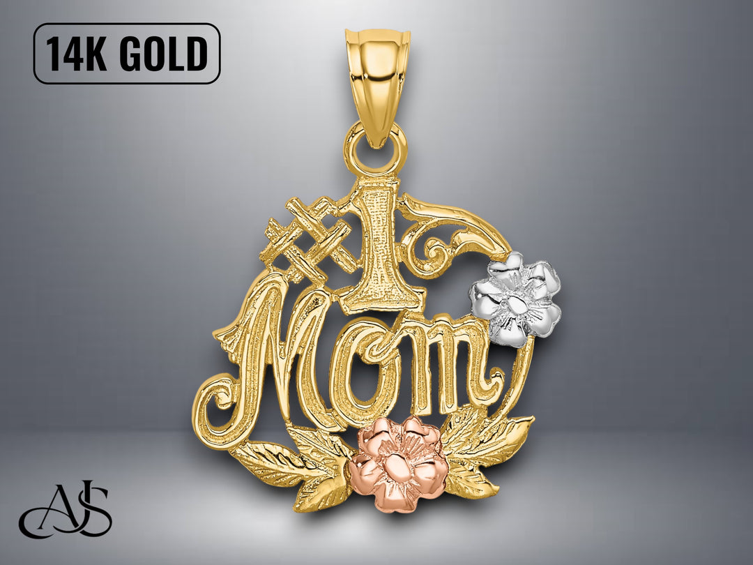 14K Two-tone Gold #1 MOM Flower Charm with Necklace Chain Options