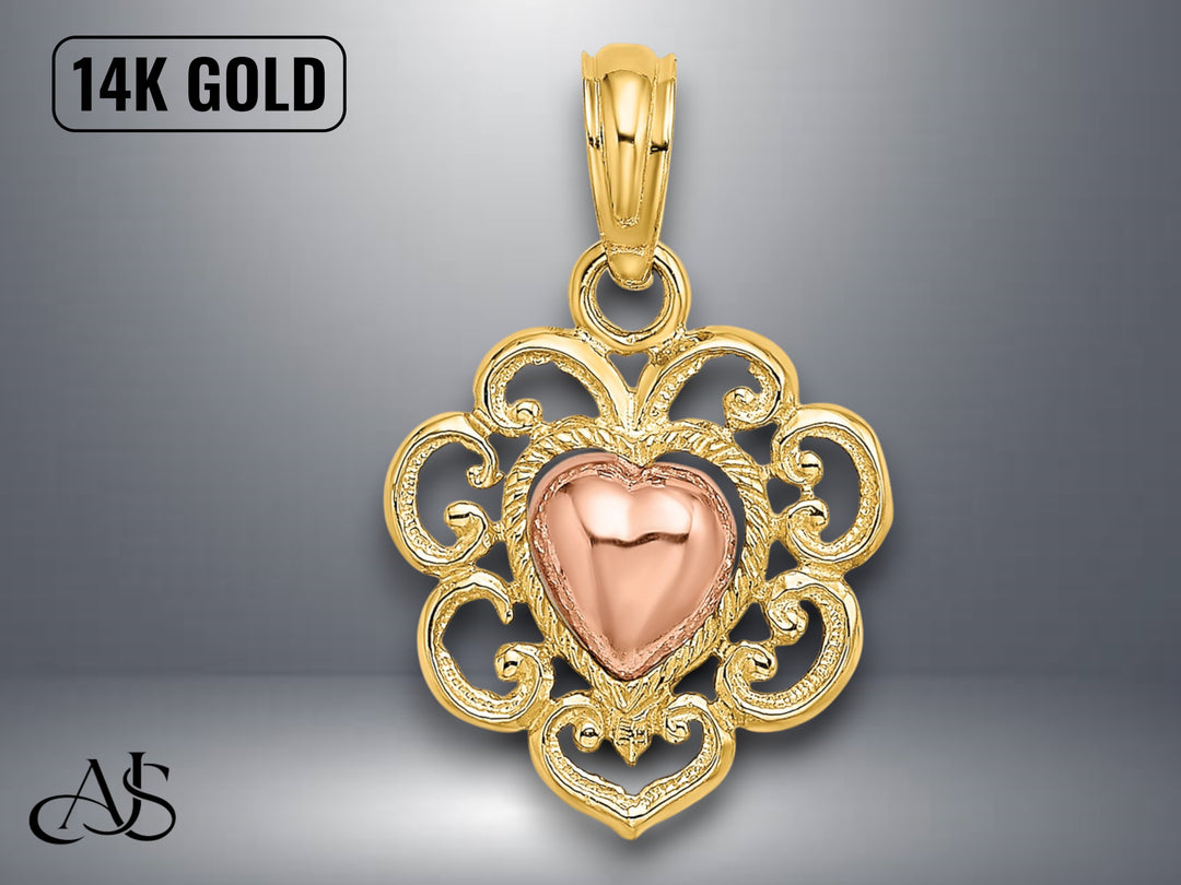 14K Yellow and Rose Gold Polished and Textured Heart Charm with Necklace Chain Options