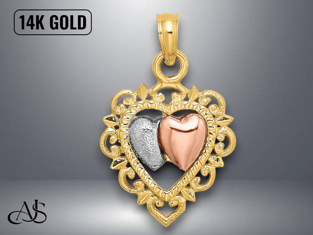 14K Yellow and Rose Gold Textured Hearts Charm with Necklace Chain Options