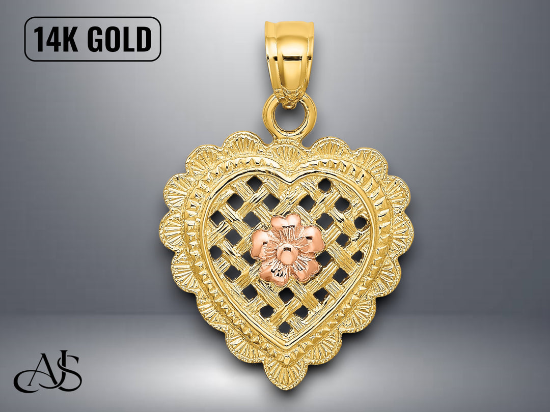 14K Yellow and Rose Gold Flower In Heart Basket Charm with Necklace Chain Options