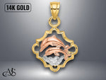 Load image into Gallery viewer, 14K Two-tone Gold Double Dolphins In Frame Charm with Necklace Chain Options

