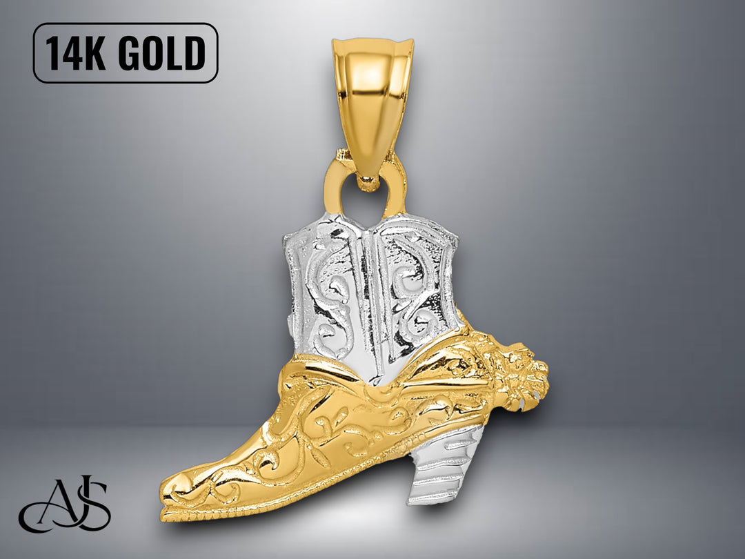 14K Yellow Gold Rhodium Cowboy Boot Charm with Necklace Chain Options