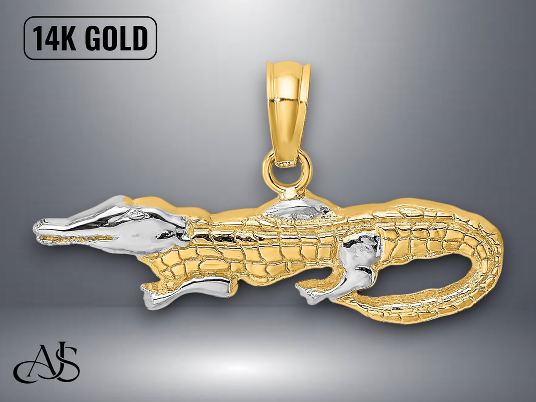 14K Yellow Gold Rhodium 2-D  Alligator Charm with Necklace Chain Options