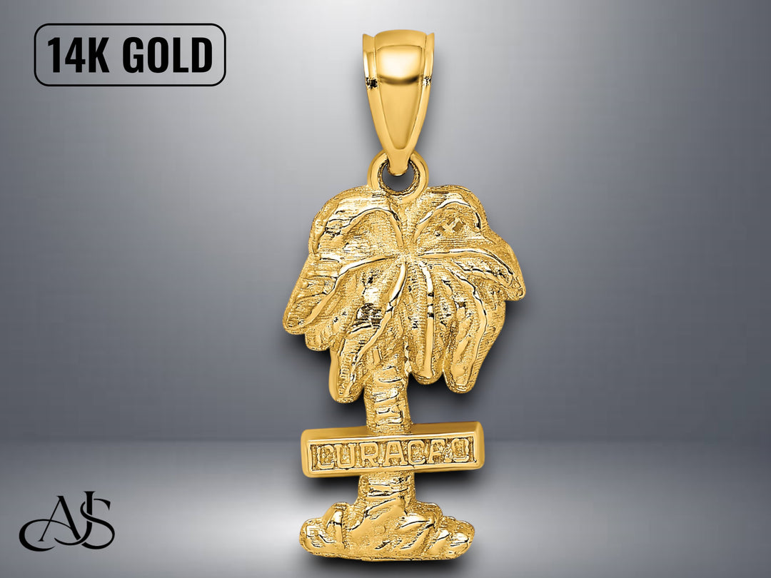 14K Yellow Gold 2-D CURACAO On Palm Tree Charm with Necklace Chain Options