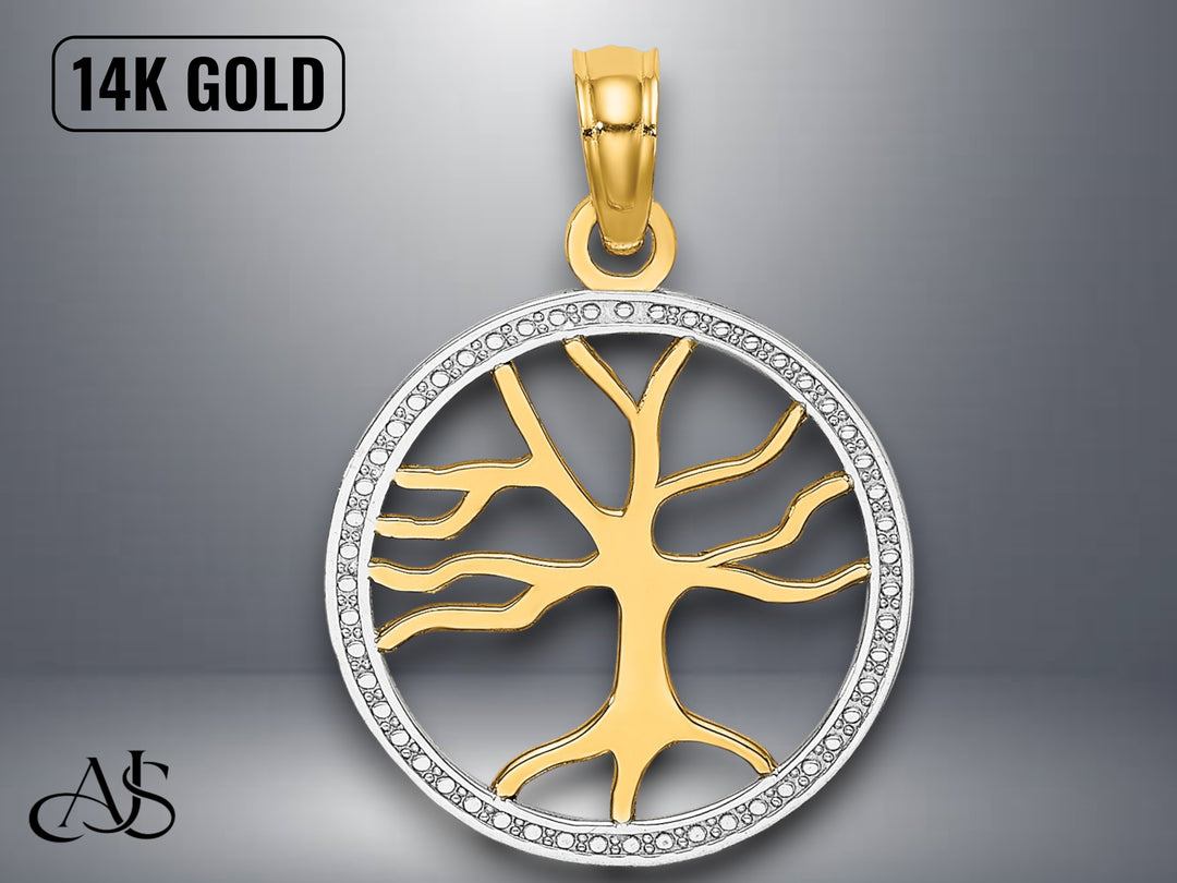 14K Yellow Gold Tree of Life in Round Frame Charm with Necklace Chain Options
