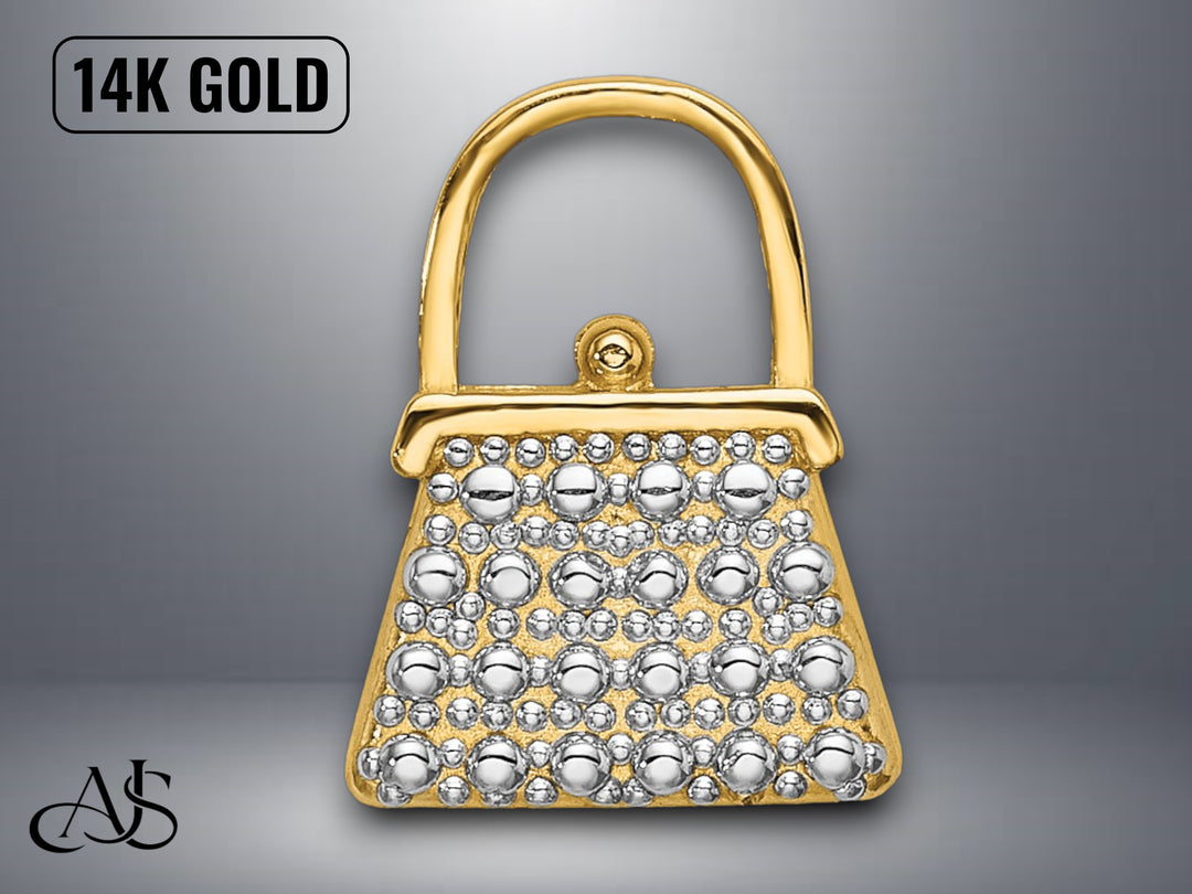 14K Yellow Gold Textured and Polished Purse Charm with Necklace Chain Options