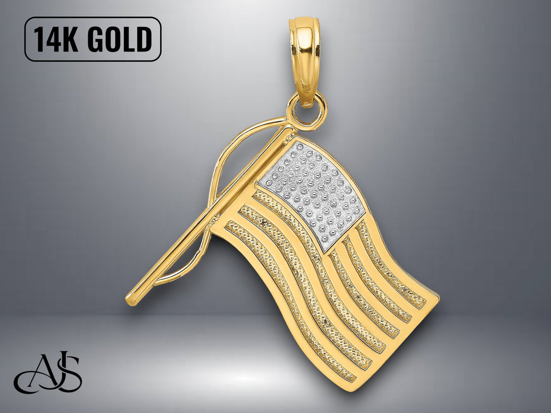 14K Yellow Gold American Flag Charm with Necklace Chain Options