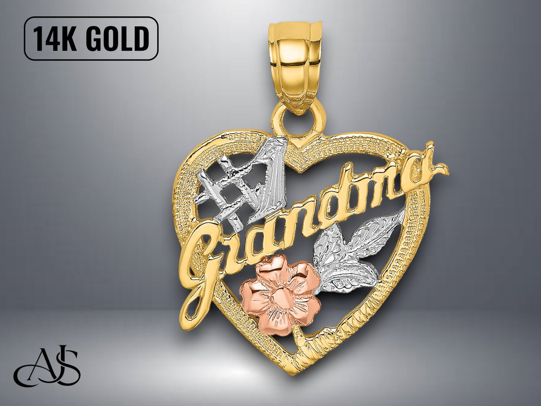 14K Two-tone Gold White Rhodium #1 GRANDMA In Heart Charm with Necklace Chain Options