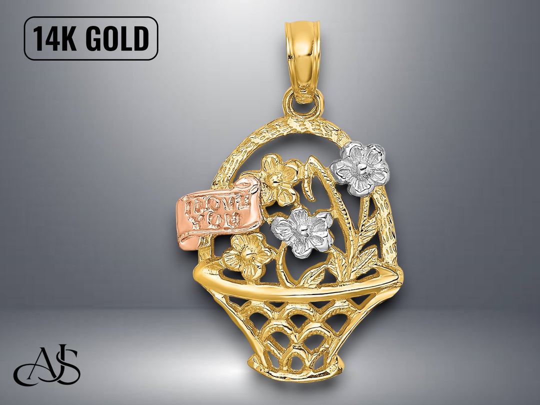 14K Two-tone Gold Flower Basket I LOVE YOU Charm with Necklace Chain Options