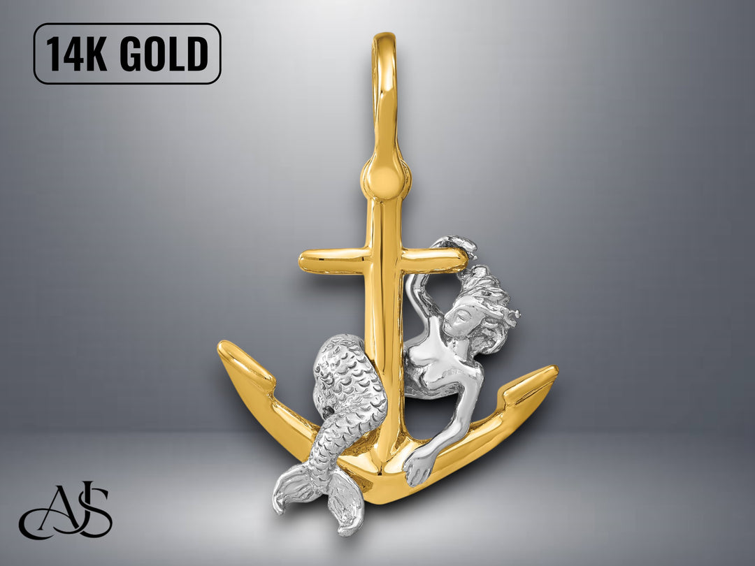 14K Two-tone Gold 3-D Anchor and Mermaid Charm with Necklace Chain Options