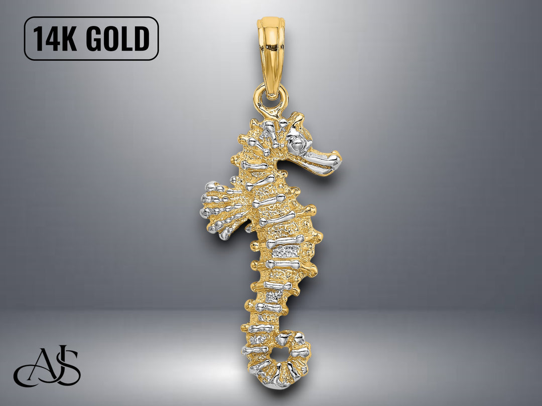 14K Yellow Gold 3-D Seahorse Charm with Necklace Chain Options