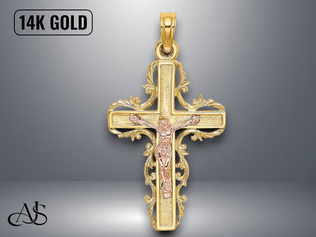 14K Two-Tone Gold Lace Trim Crucifix Charm Charm with Necklace Chain Options