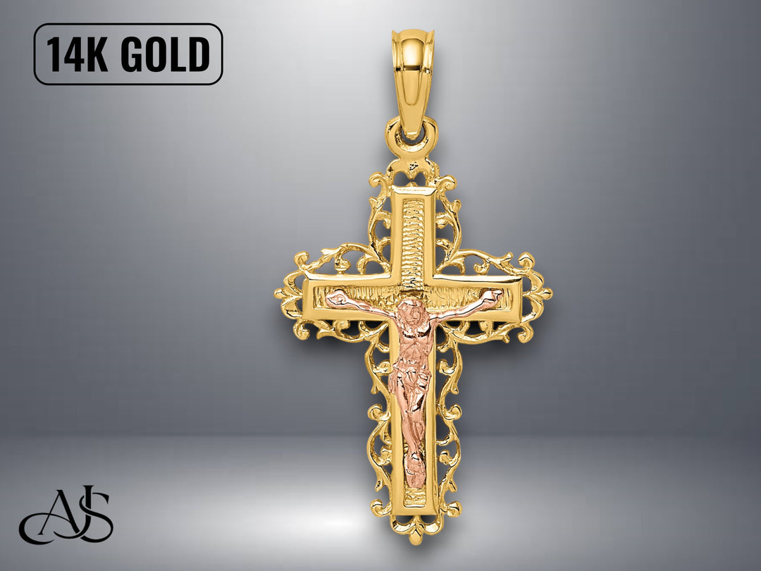 14K Two-Tone Gold Crucifix Lace Trim Charm with Necklace Chain Options