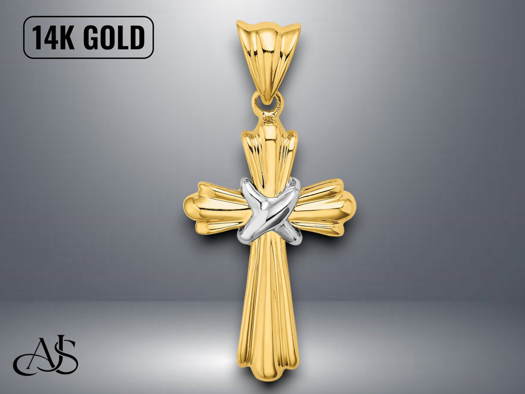 14K Two-Tone Gold Polished Cross X Center Design Charm with Necklace Chain Options