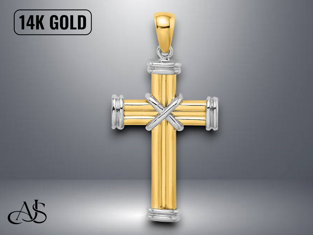 14K Two-Tone Gold Polished Cross Charm with Necklace Chain Options