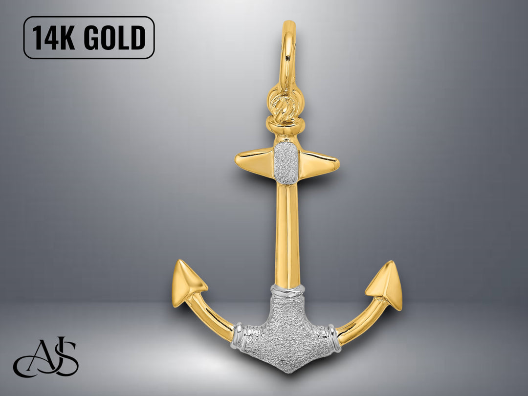 14K Yellow Gold 3-D Textured Anchor Shackle Bail Charm with Necklace Chain Options