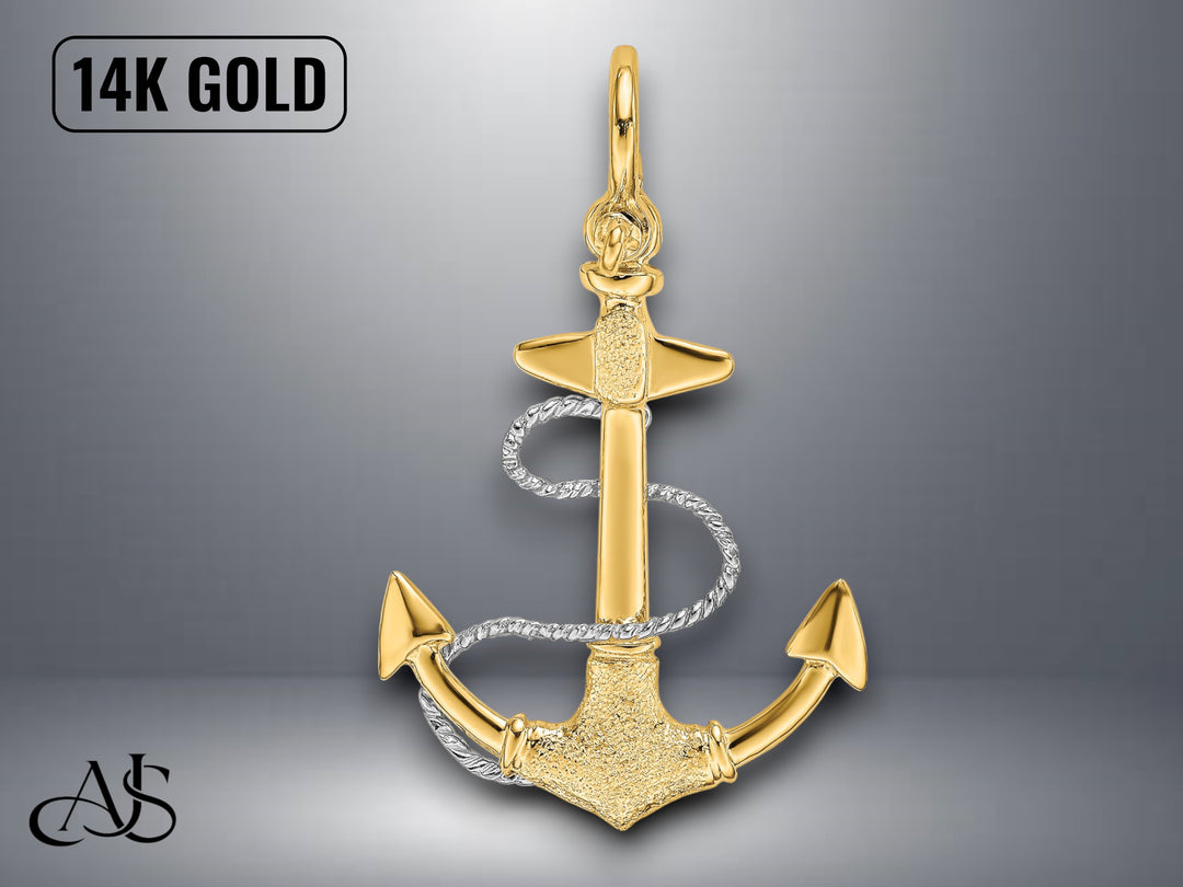14K Two-tone Gold 3-D Small Anchor Rope and Shackle Bail Charm with Necklace Chain Options