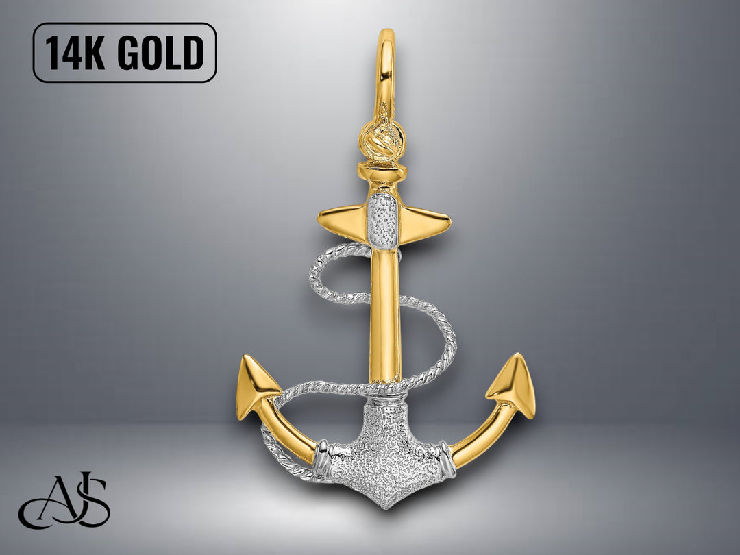 14K Two-Tone Gold 3-D Textured Anchor Rope Shackle Bail Charm with Necklace Chain Options