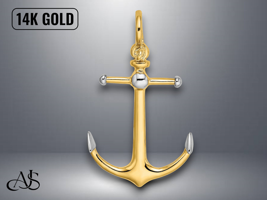 14K Yellow Gold 3-D Anchor Long T Bar and Shackle Bail Charm with Necklace Chain Options