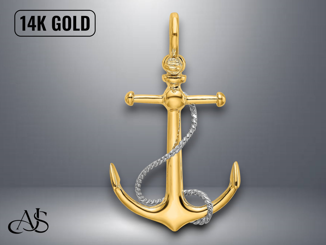 14K Two-tone Gold 3-D Anchor T Bar and Rope Shackle Bail Charm with Necklace Chain Options