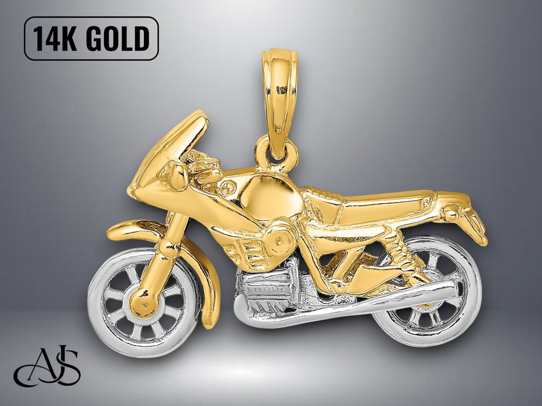 14K Two-Tone Gold 3-D Moveable Motorcycle Charm with Necklace Chain Options